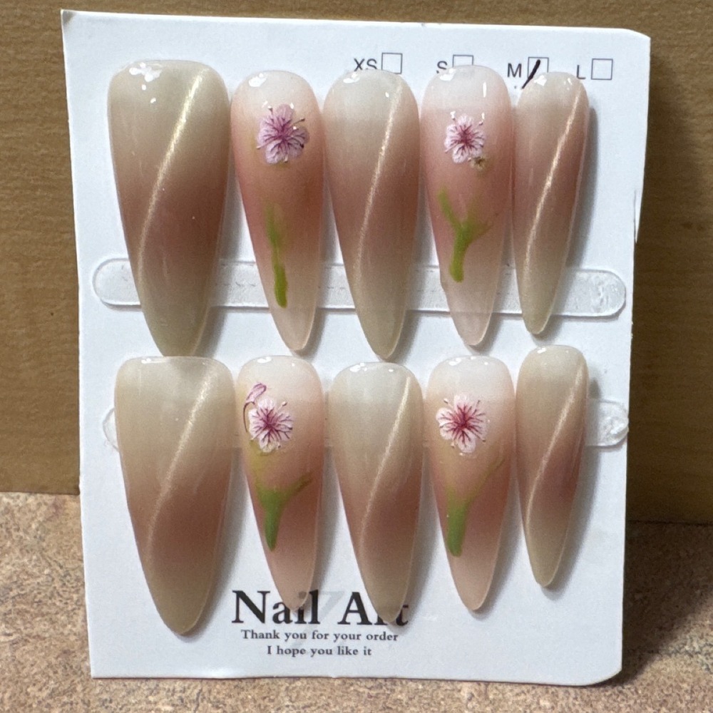 Floral‎ Cat Eye Press On Nails Long Stiletto Pink Taupe Ombre Size M